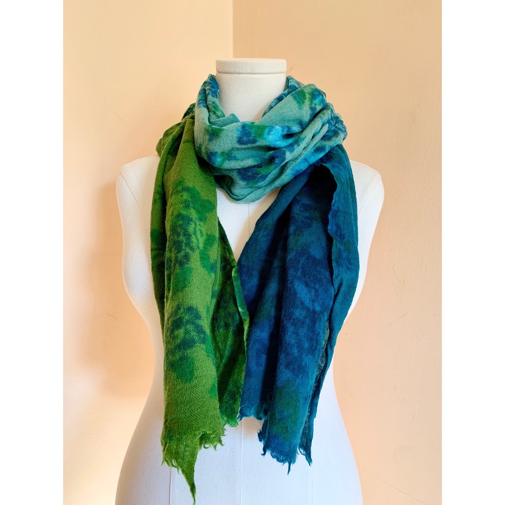 J.Jill 100% Wool Floral Scarf Blue Green Ombre Rectangular Shawl Wrap One Size